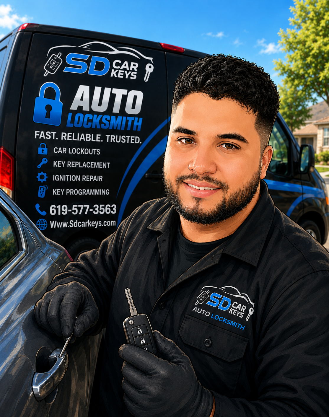 SD Car Keys auto locksmith technician holding a programmed key fob in front of branded service van